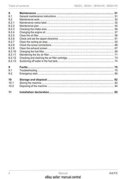 Hatz - 1B20V 1B30V 1B40V 1B40W 1B50V 1B50W - Technical Description, Commissioning Operating Maintaining Manual