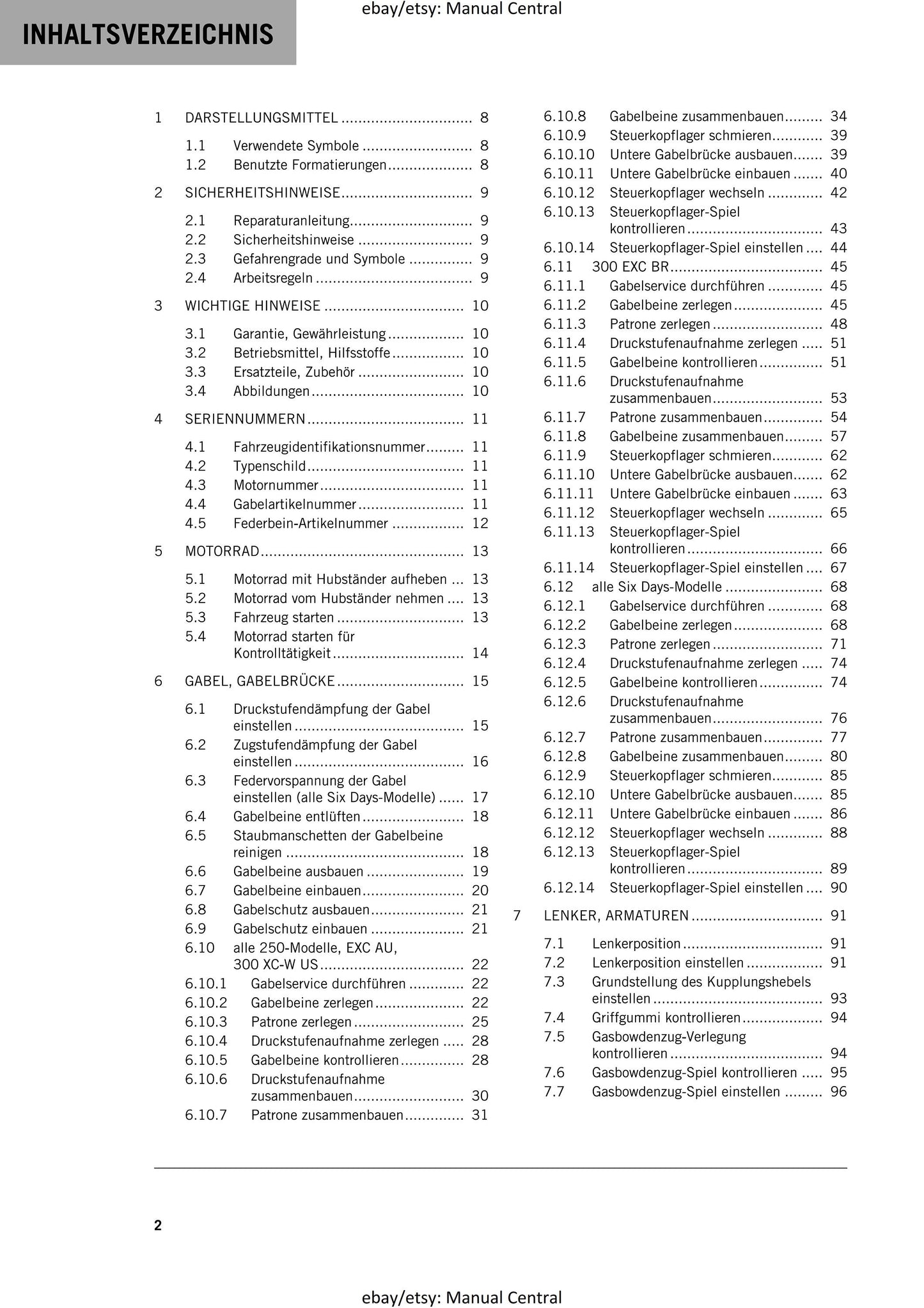 German Language - KTM 2018 - 250 300 Exc Xc-w Six Days - Reparaturanleitung - Service Workshop Repair Manual