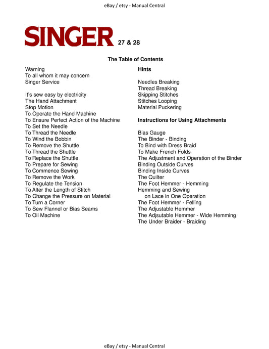 Singer 27 27K & 28 28K Sewing Machines - Vibrating Shuttle -  Instruction User Manual