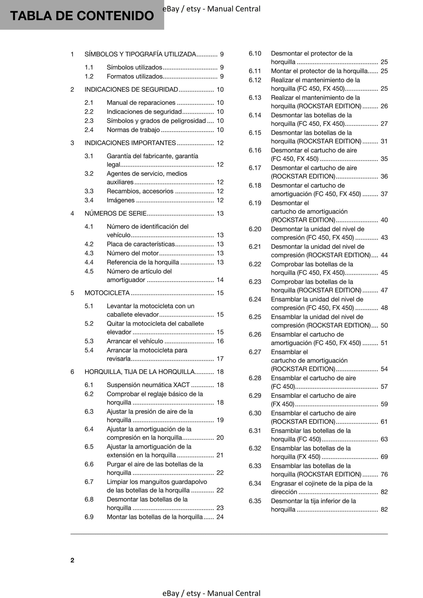 Spanish Language - Husqvarna 2020 - FC FX 450  - Manual de Reparacion