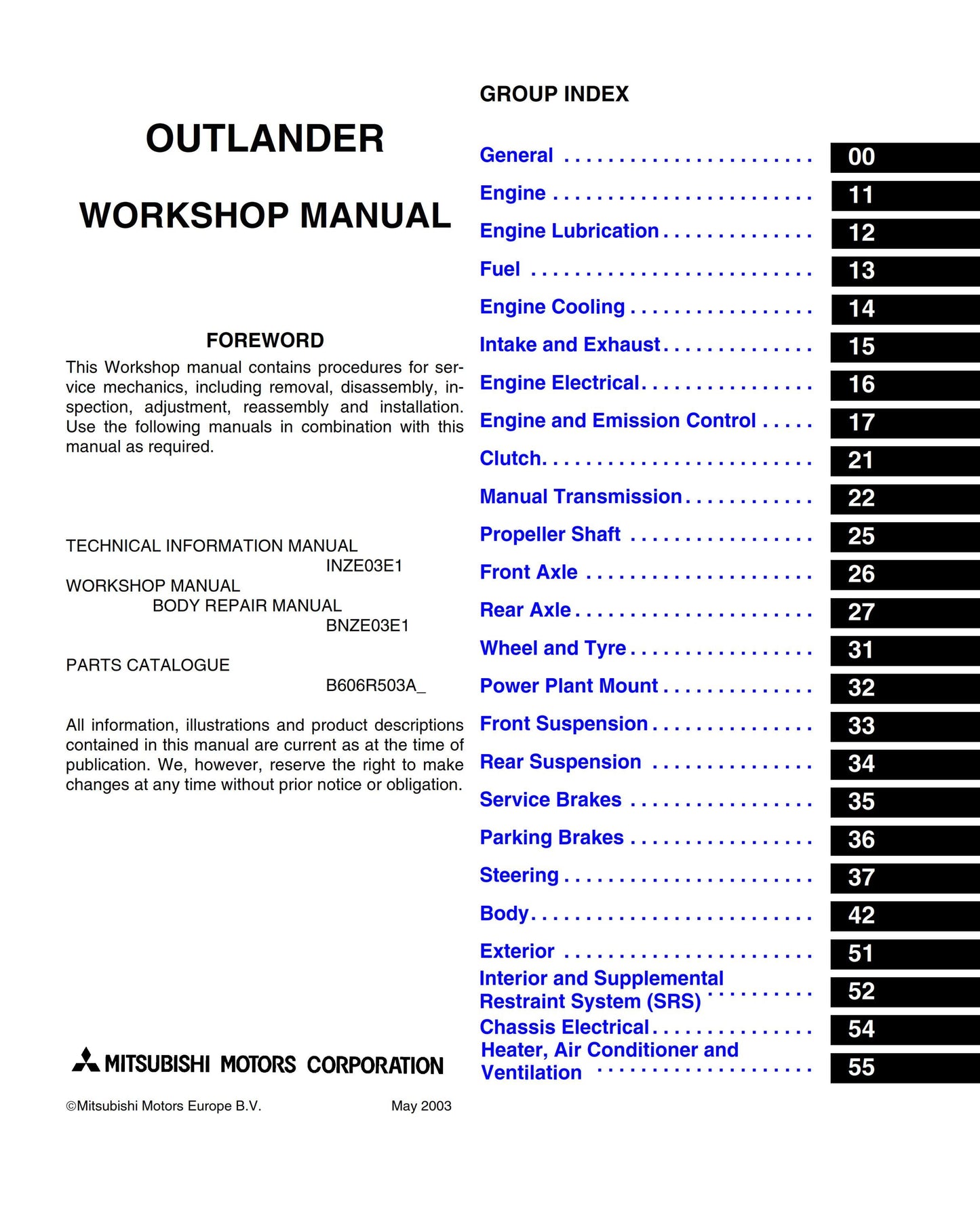 Mitsubishi Outlander (2003 edition) - Workshop Service Repair Manual