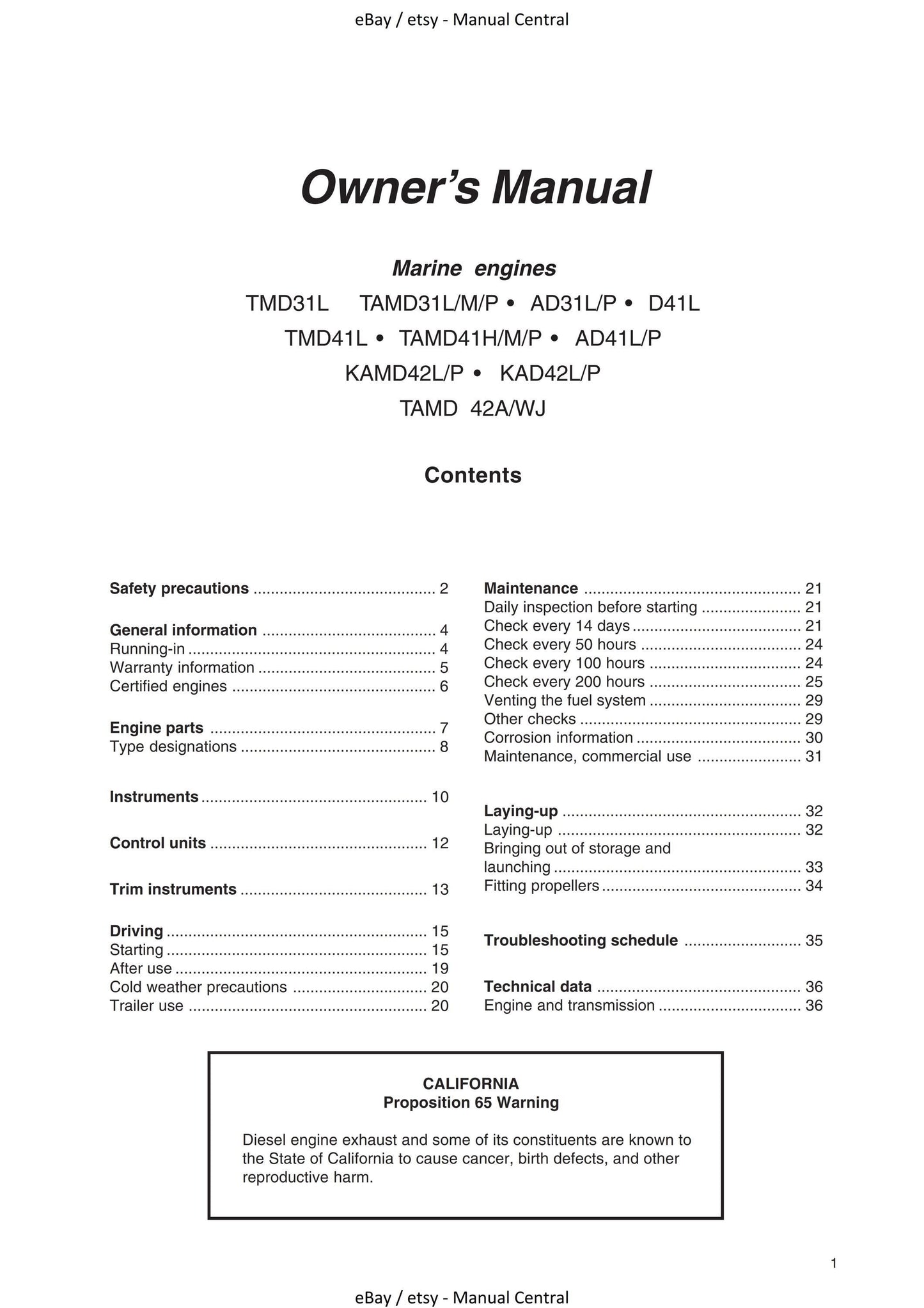 Volvo Penta - Instruction Book - AD31 TMD31 TAMD31 D41 AD41 TMD41 TAMD41 TAMD42/WJ KAD42 KAMD42