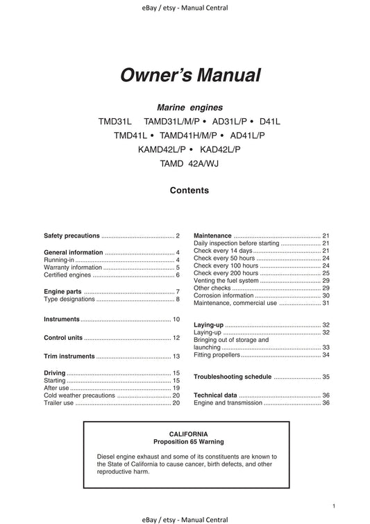 Volvo Penta - Instruction Book - AD31 TMD31 TAMD31 D41 AD41 TMD41 TAMD41 TAMD42/WJ KAD42 KAMD42