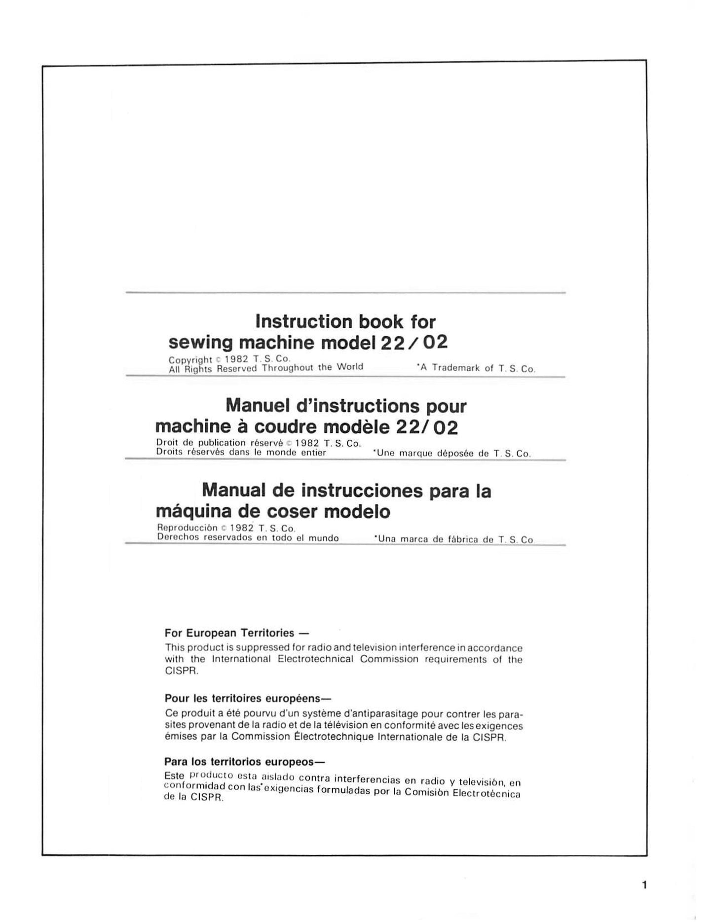 Singer Sewing Machine Model 02 22 - Instruction User Manual