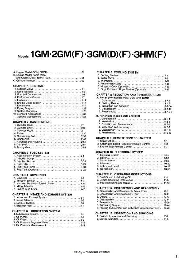 Yanmar Marine Diesel Engine 1GM(10L) 2GM(F)(L) 3GM(D)(F)(L) 3HM(F)(L) Service Workshop Repair Manual
