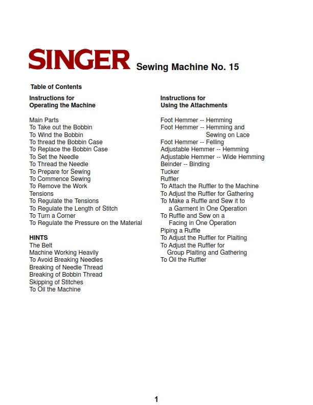 Singer Sewing Machine No 15 - Instruction User Manual