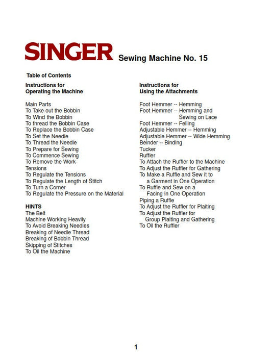 Singer Sewing Machine No 15 - Instruction User Manual