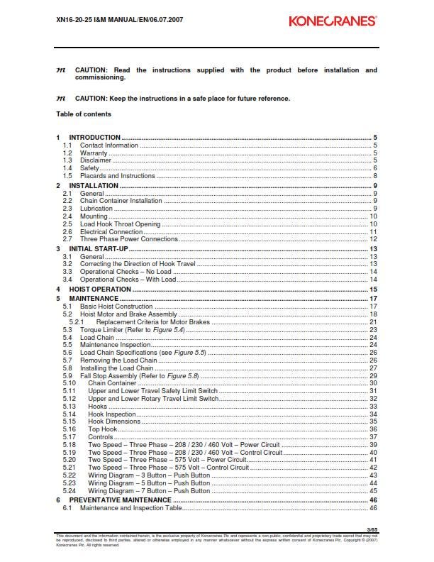 Konecranes - XN16 XN20 XN25 Chain Hoist - Installation & Maintenance Manual