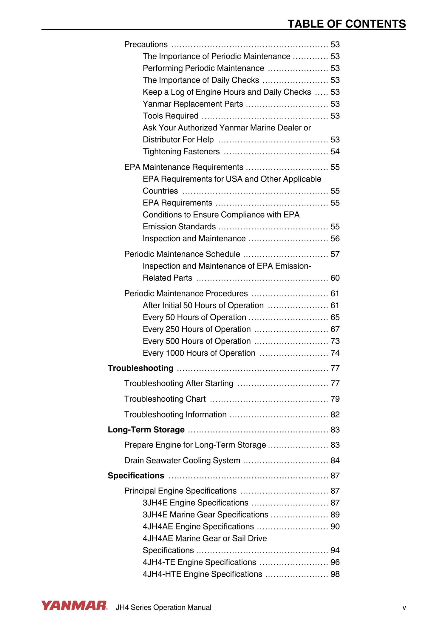 Yanmar Marine Engine -  JH4 Series - 3jh4e 4jh4ae 4jh4-te 4jh4-hte - Operation Manual