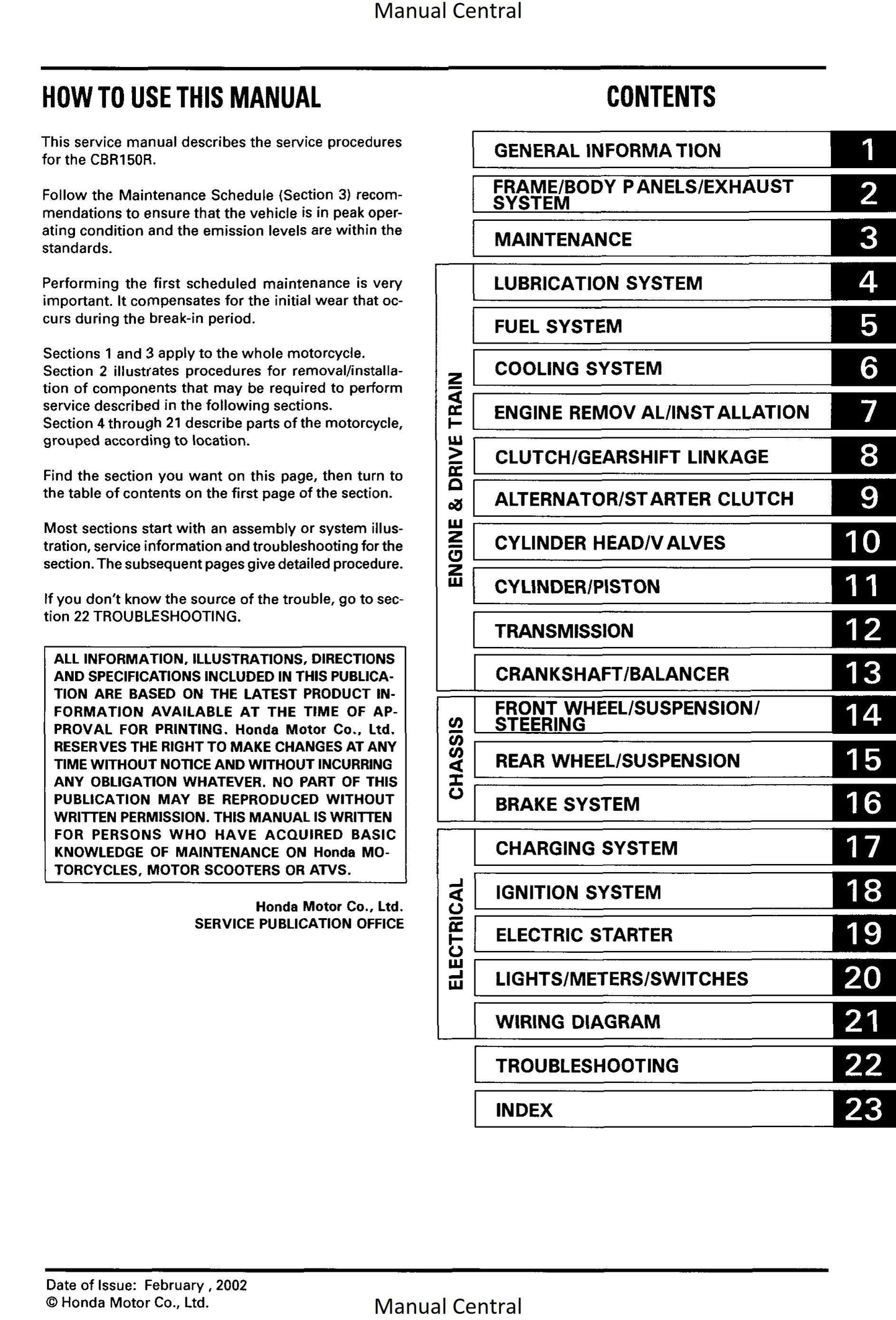 Honda CBR150R - 2002 edition  - Workshop Service Repair Manual