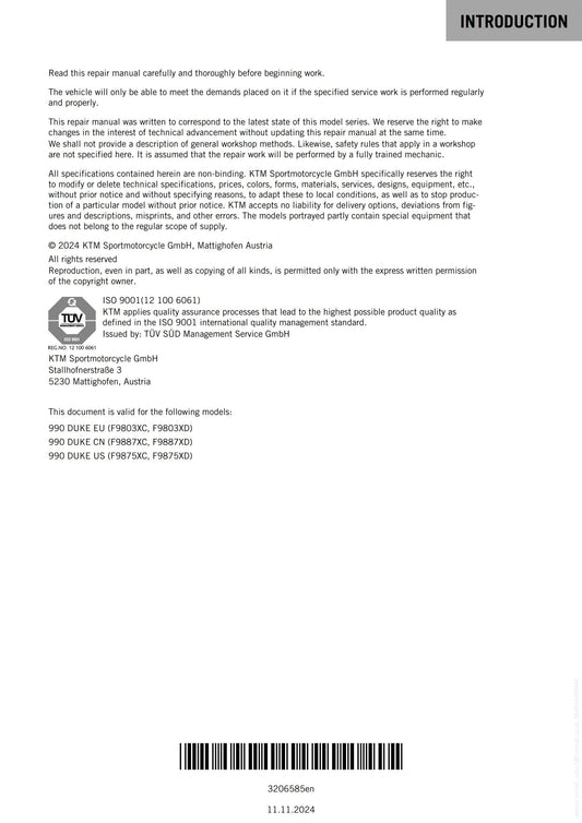 KTM 2024 - 990 Duke - Service Workshop Repair Manual