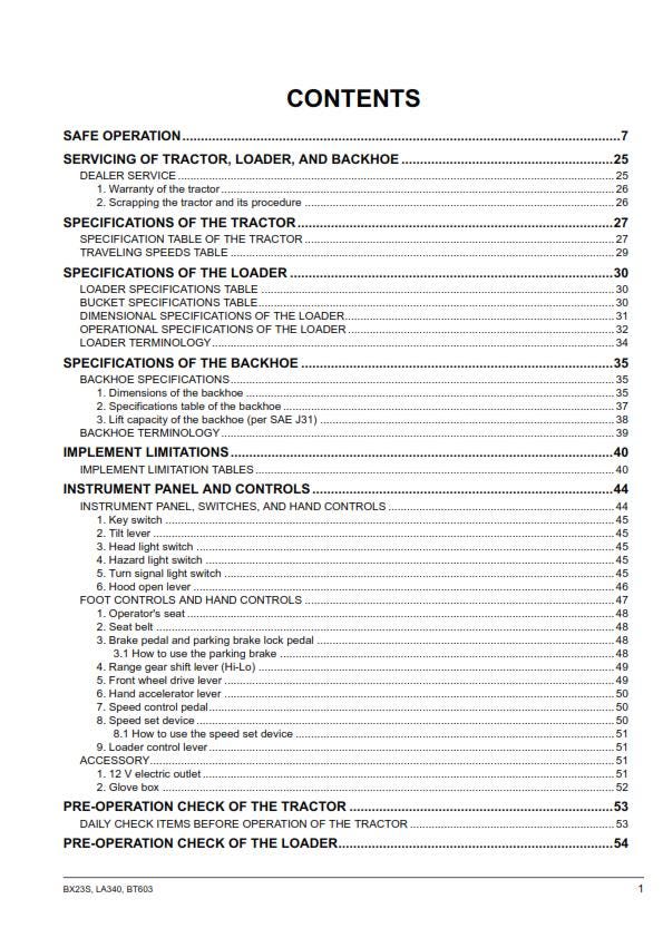 Kubota Tractor - BX23S LA340 BT603 Operator Manual