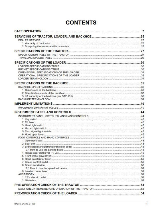 Kubota Tractor - BX23S LA340 BT603 Operator Manual