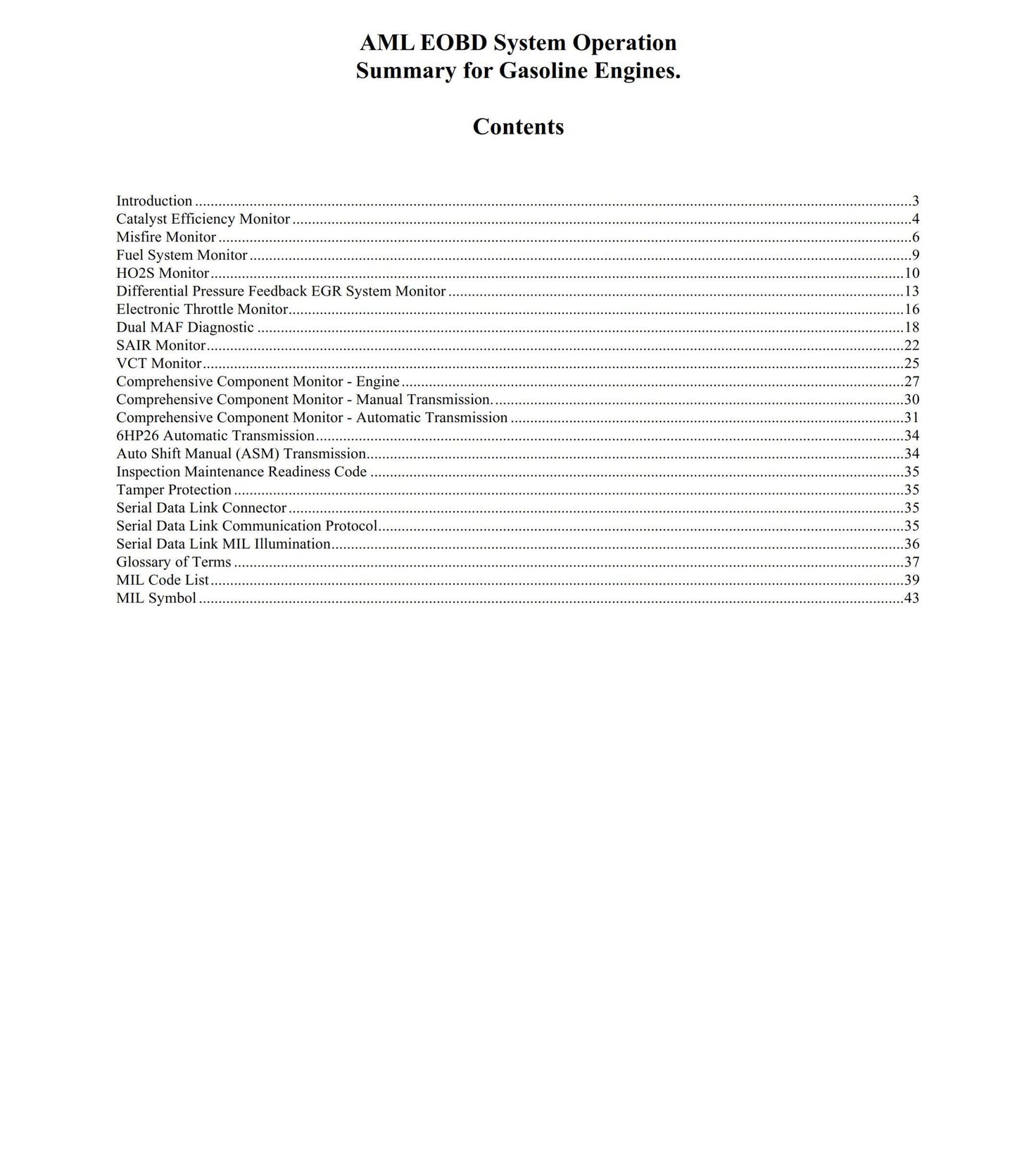 Aston Martin On Board Diagnostics OBD Summary Documentation 2009 Edition