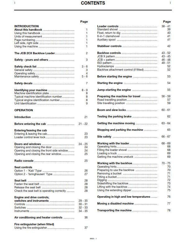 JCB 2CX Backhoe Loader Machines - Operator Handbook - From Serial No 930000