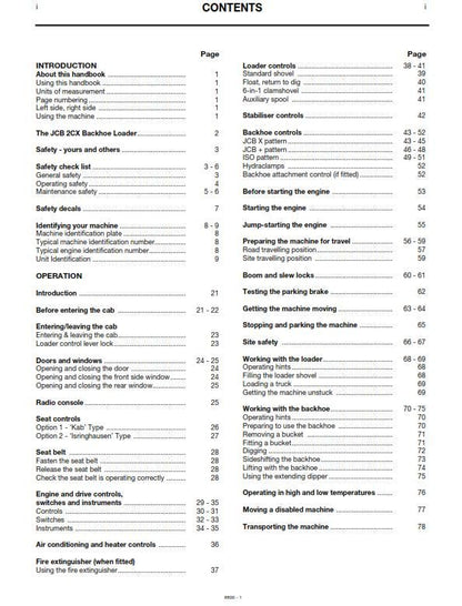 JCB 2CX Backhoe Loader Machines - Operator Handbook - From Serial No 930000
