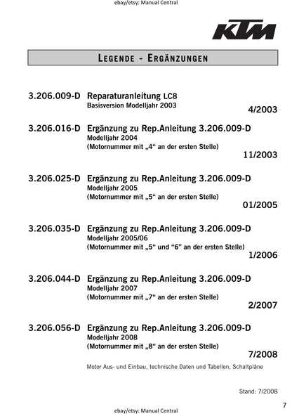 German Language - KTM 2003 - 2008 - 950 990 Adventure - Super Duke R - Supermoto /R - Super Enduro - Engine - Reparaturanleitung