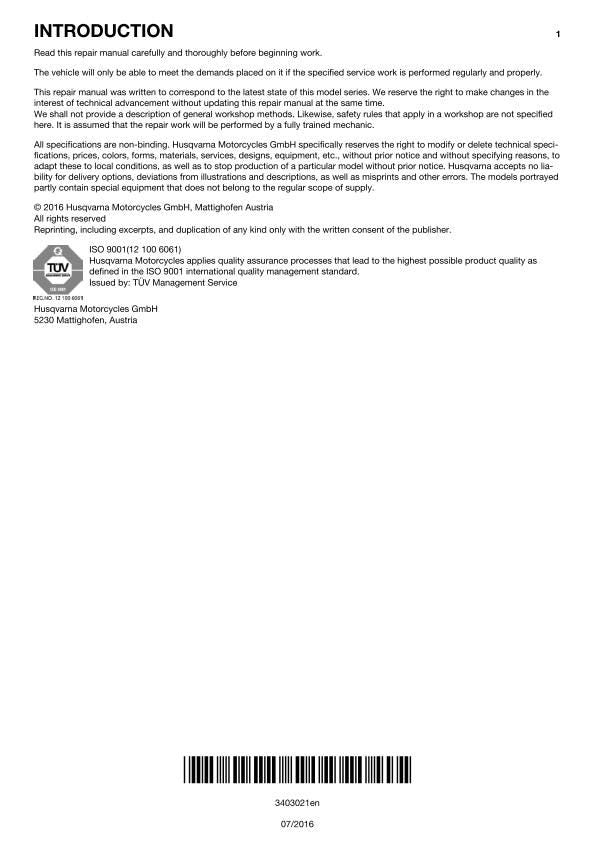 Husqvarna 2015 - TE 250 300 - Service Workshop Repair Manual