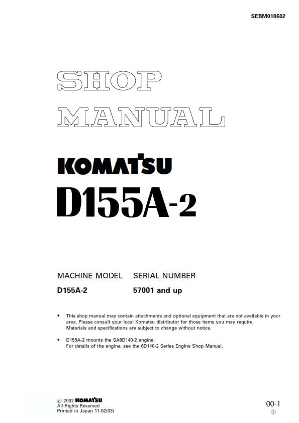 Komatsu D155A-2 - Shop Manual - Service Workshop Repair Manual