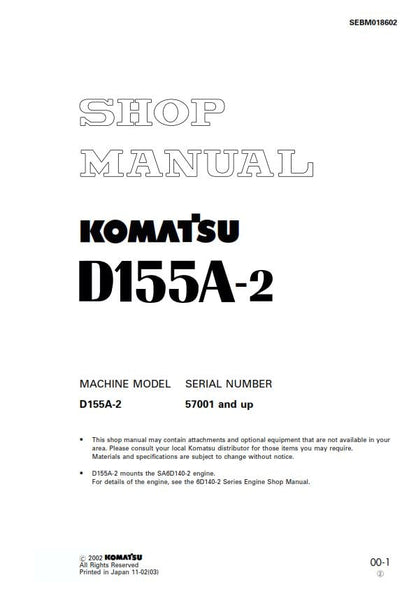 Komatsu D155A-2 - Shop Manual - Service Workshop Repair Manual