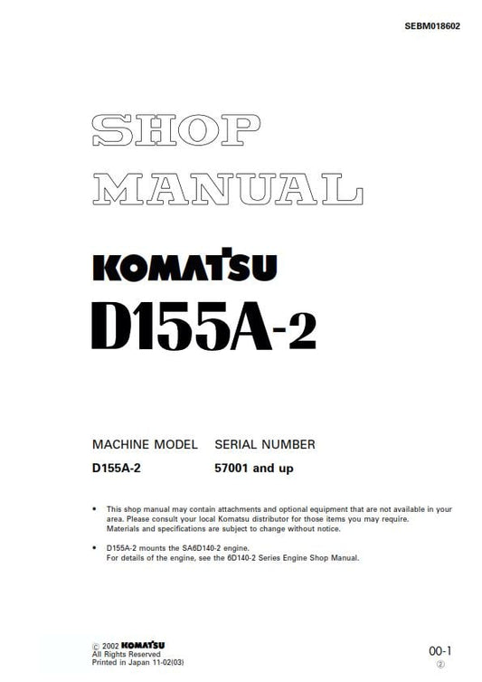 Komatsu D155A-2 - Shop Manual - Service Workshop Repair Manual